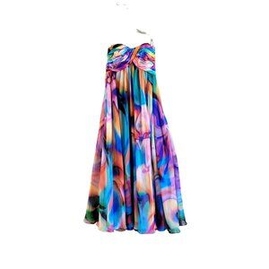 La Femme Paris Strapless Watercolor Rainbow Chiffon Gown